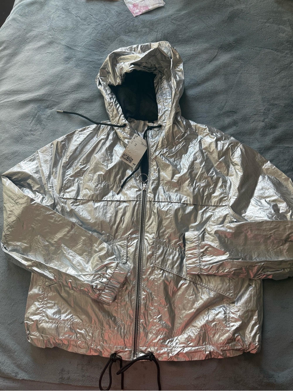 H&M Metallic Silver Hooded Windbreaker Jacket